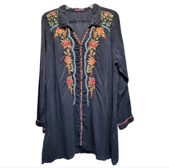 Johnny Was Navy Cupra Rayon Embroidered Floral Tunic - Size L - Picture 1 of 7